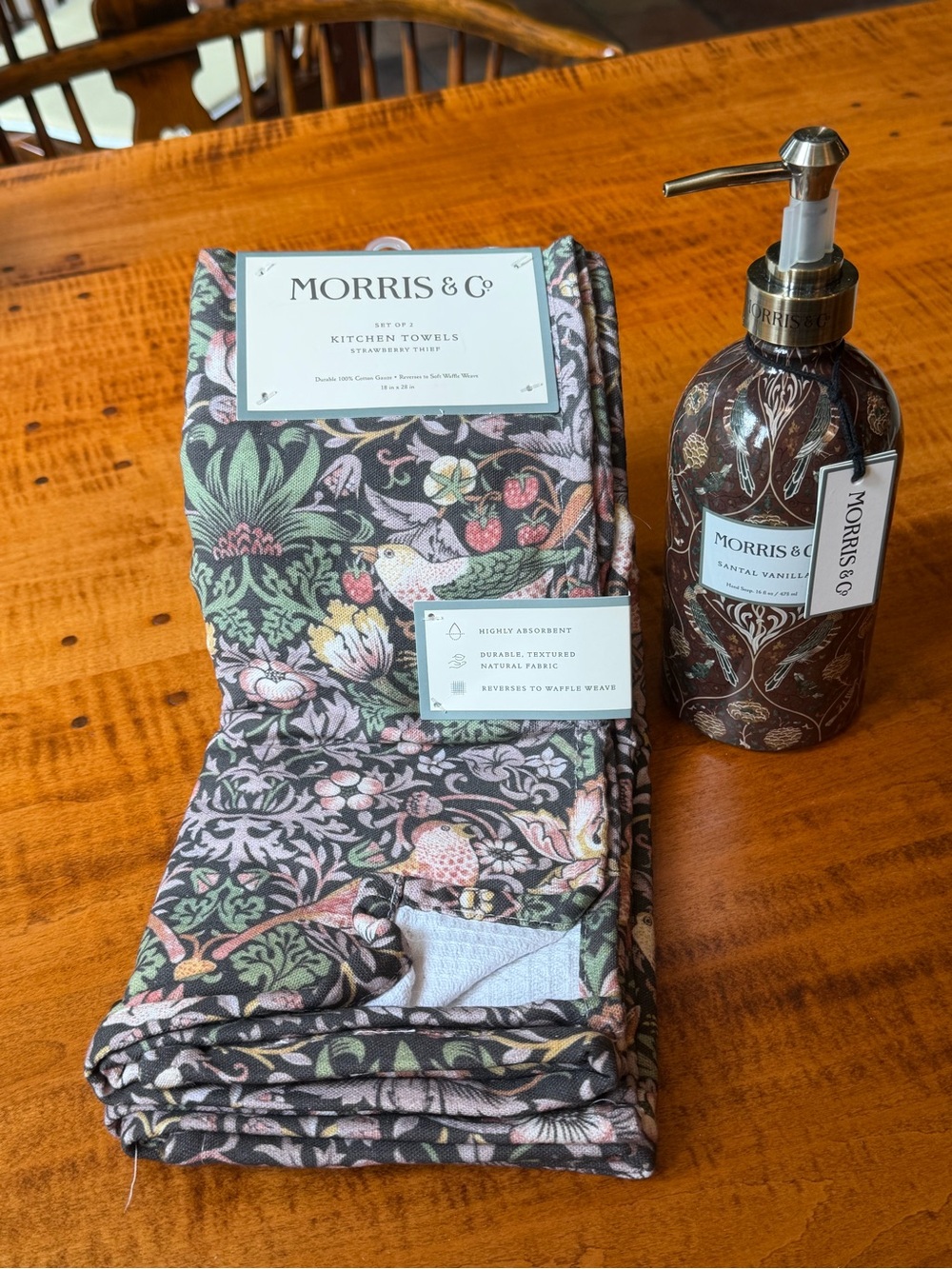 Morris & Co NWT Set 2 Floral Kitchen Towels & Santal Vanilla Hand Soap 16 Fl Oz